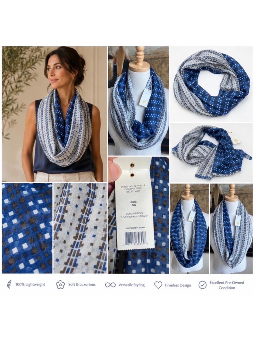Tory Burch Blue White Infinity Scarf New with Tags! 100% Modal